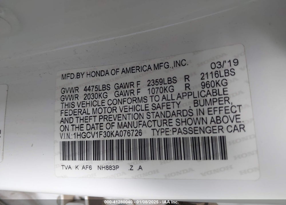 2019 HONDA ACCORD VIN: 1HGCV1F30KA076726