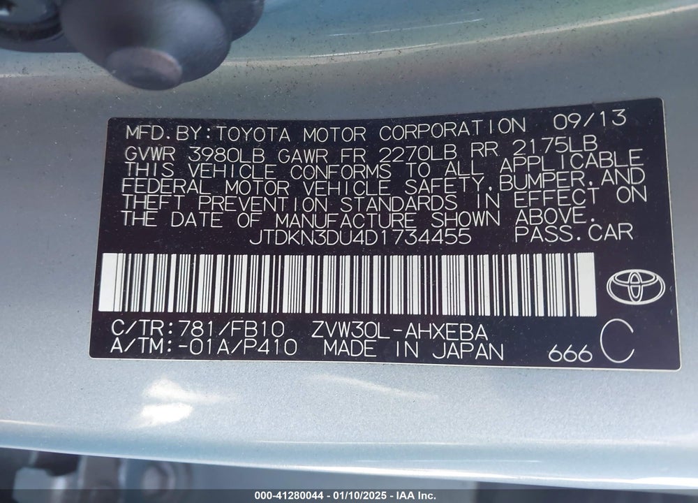 2013 TOYOTA PRIUS THREE VIN: JTDKN3DU4D1734455