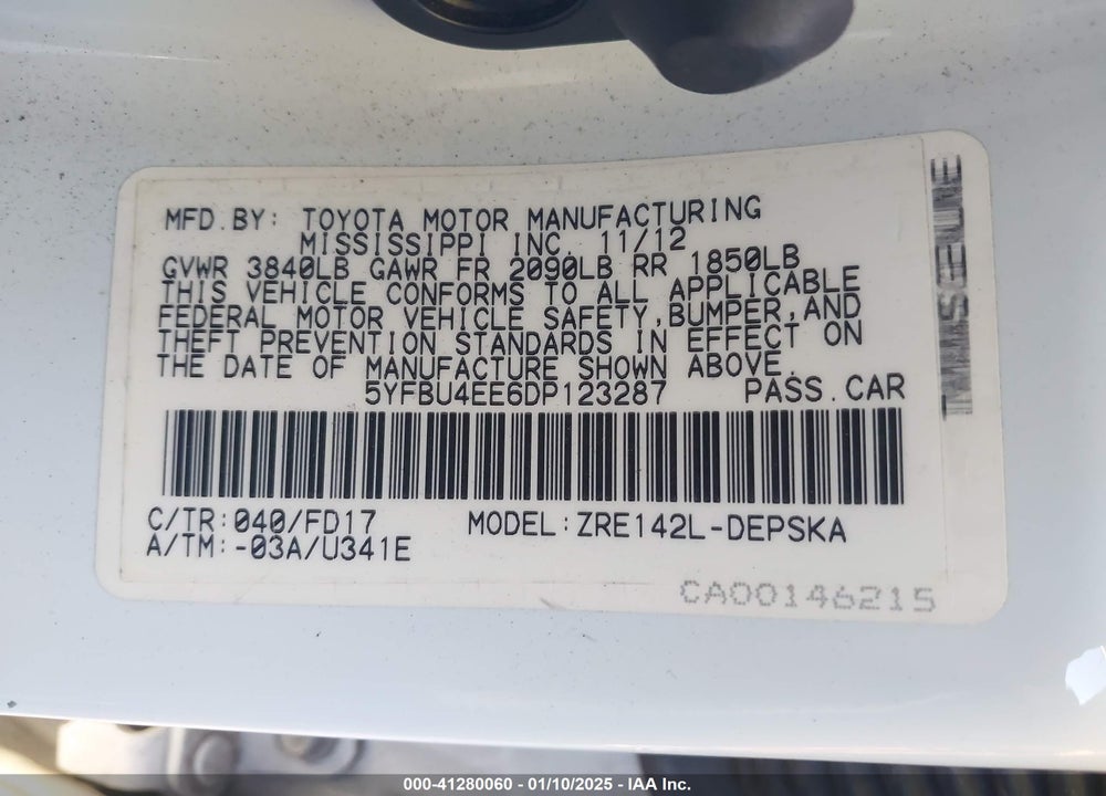 2013 TOYOTA COROLLA VIN: 5YFBU4EE6DP123287