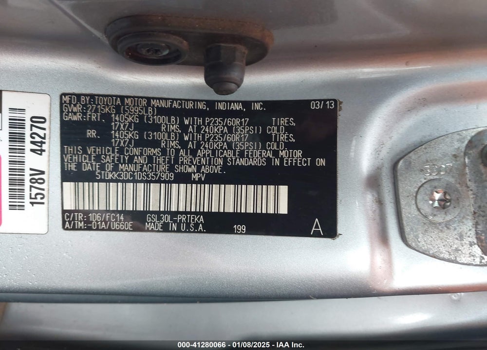 2013 TOYOTA SIENNA LE V6 7 PASSENGER AUTO ACCESS SEAT/LE V6 8 PASSENGER VIN: 5TDKK3DC1DS357909
