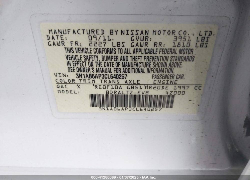 2012 NISSAN SENTRA 2.0 SR VIN: 3N1AB6AP3CL640257
