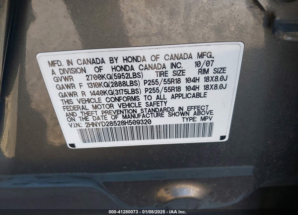 2008 ACURA MDX VIN: 2HNYD28528H509320