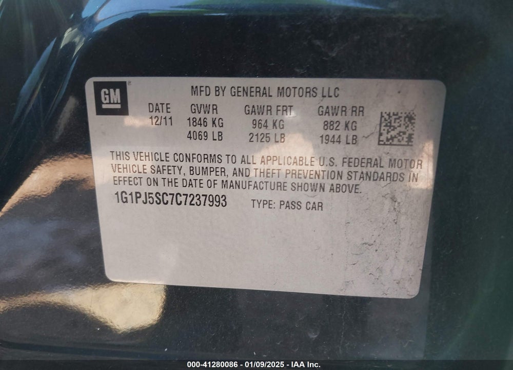 2012 CHEVROLET CRUZE ECO VIN: 1G1PJ5SC7C7237993