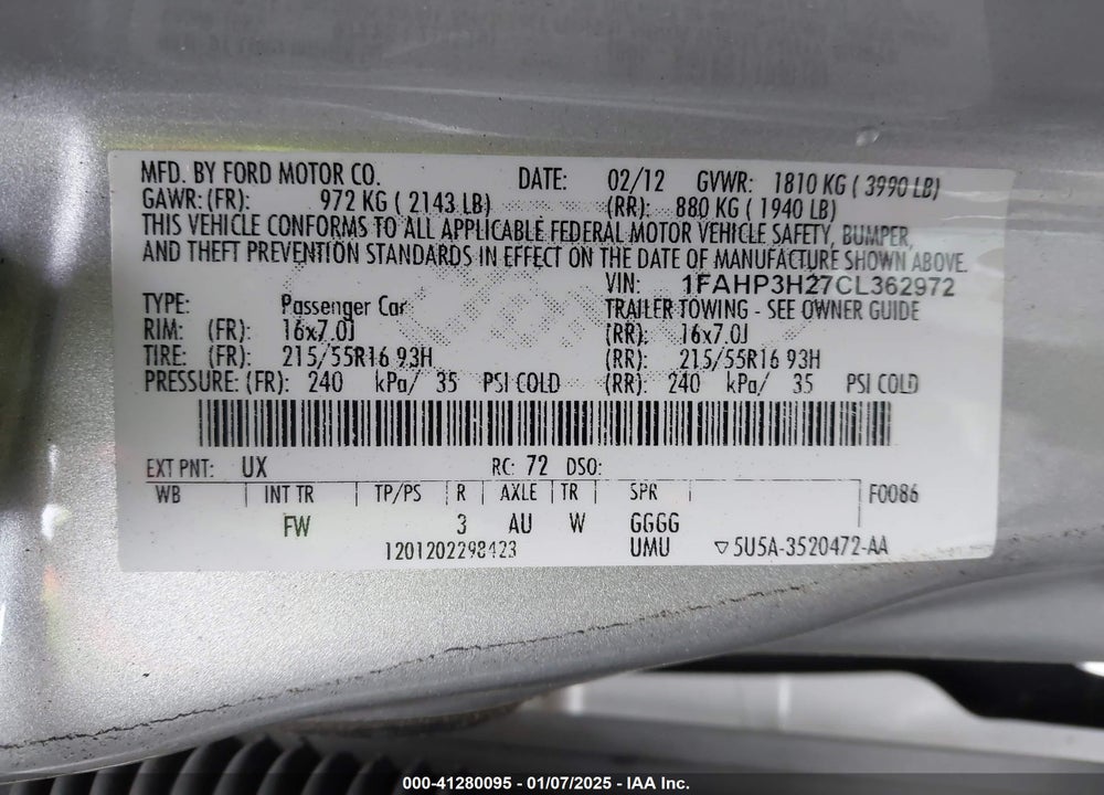 2012 FORD FOCUS SEL VIN: 1FAHP3H27CL362972