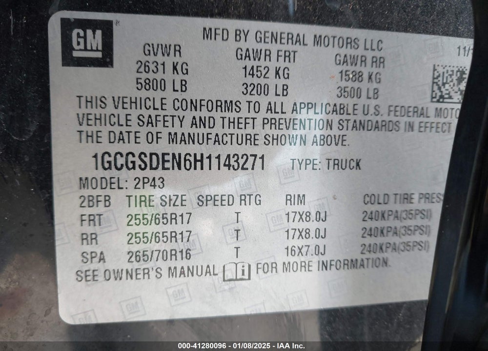 2017 CHEVROLET COLORADO Z71 VIN: 1GCGSDEN6H1143271