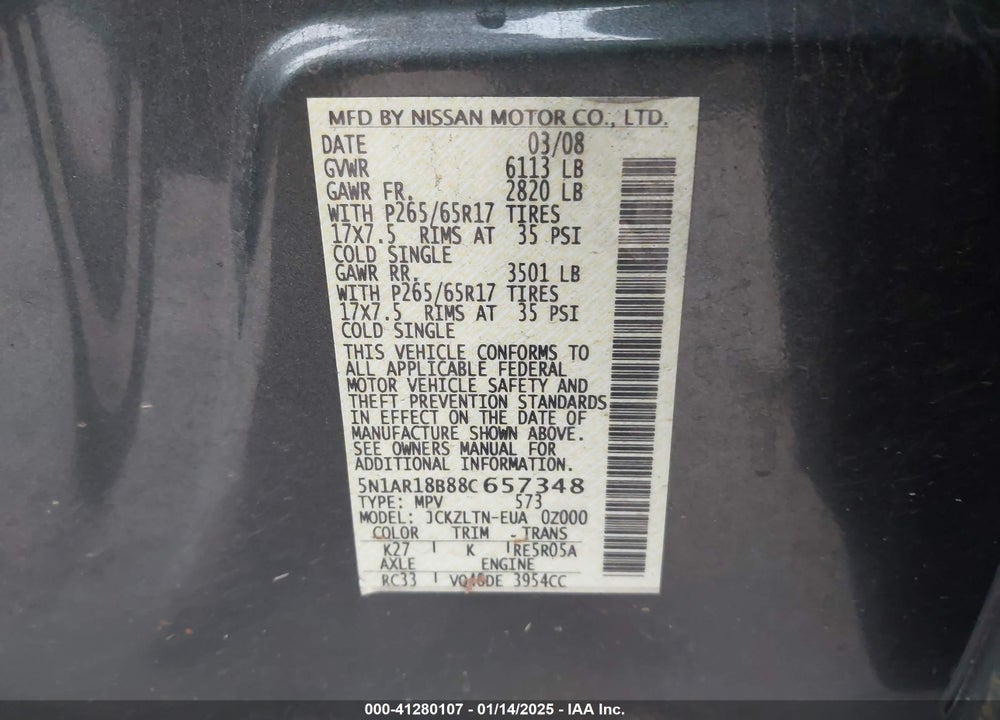 2008 NISSAN PATHFINDER SE VIN: 5N1AR18B88C657348