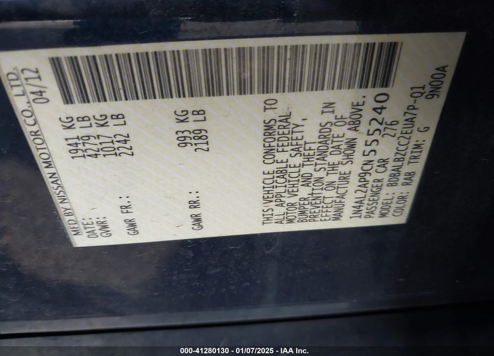 2012 NISSAN ALTIMA 2.5 S VIN: 1N4AL2AP9CN555240