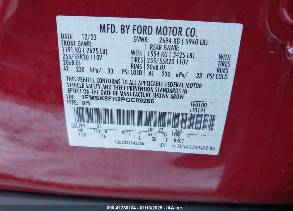 2023 FORD EXPLORER LIMITED VIN: 1FMSK8FH2PGC09266
