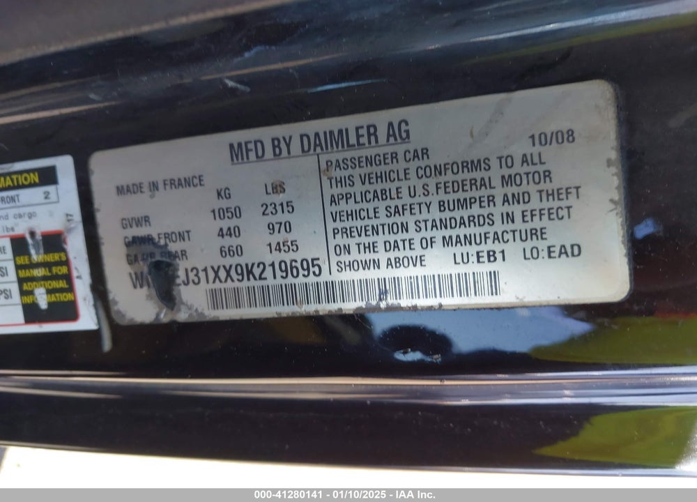 2009 SMART FORTWO VIN: WMEEJ31XX9K219695