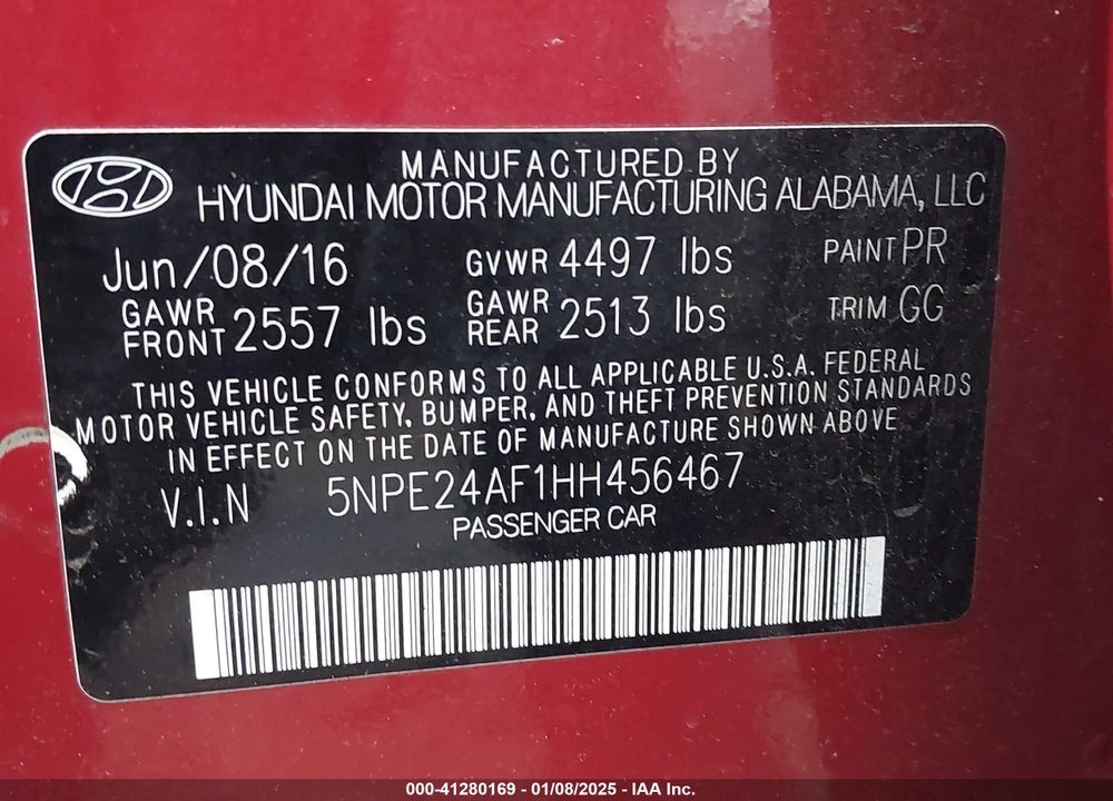 2017 HYUNDAI SONATA VIN: 5NPE24AF1HH456467