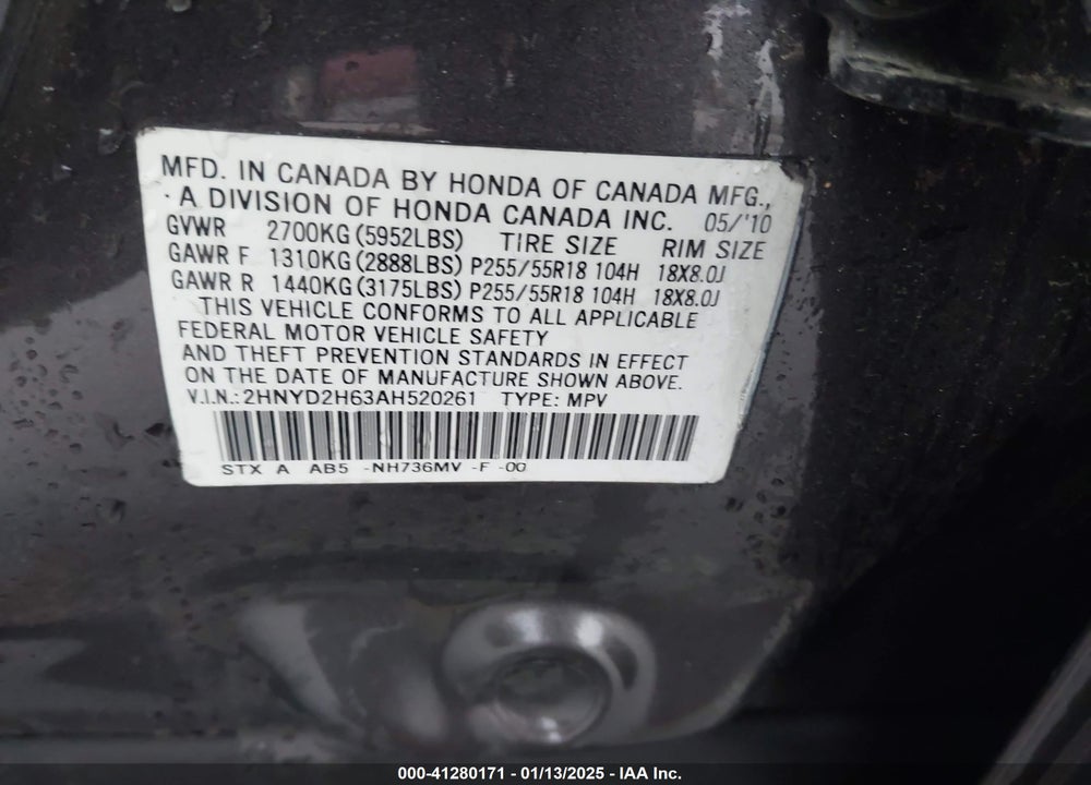 2010 ACURA MDX TECHNOLOGY PACKAGE VIN: 2HNYD2H63AH520261