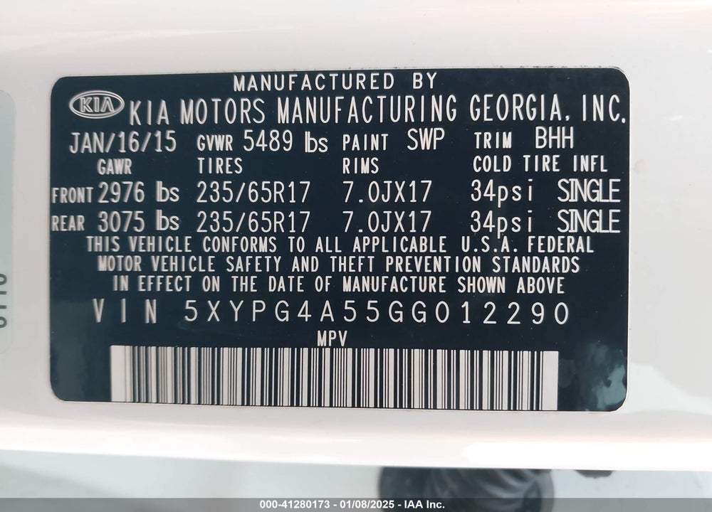 2016 KIA SORENTO 3.3L LX VIN: 5XYPG4A55GG012290