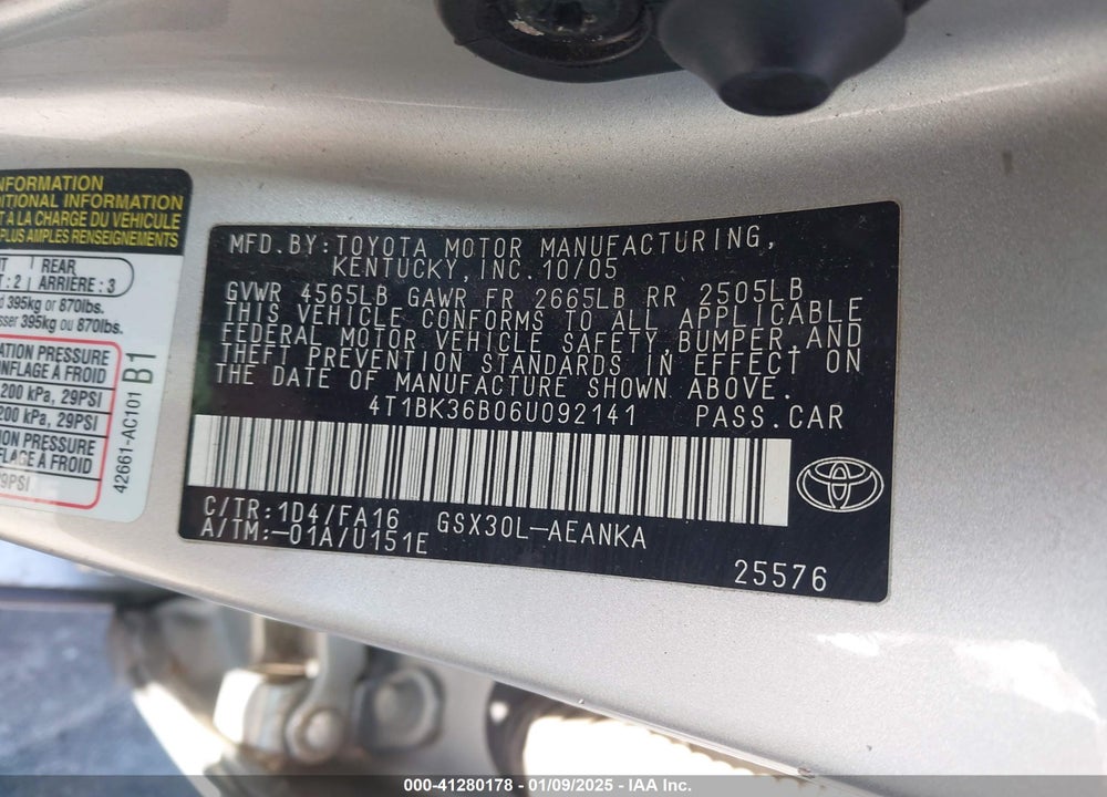 2006 TOYOTA AVALON XL VIN: 4T1BK36B06U092141