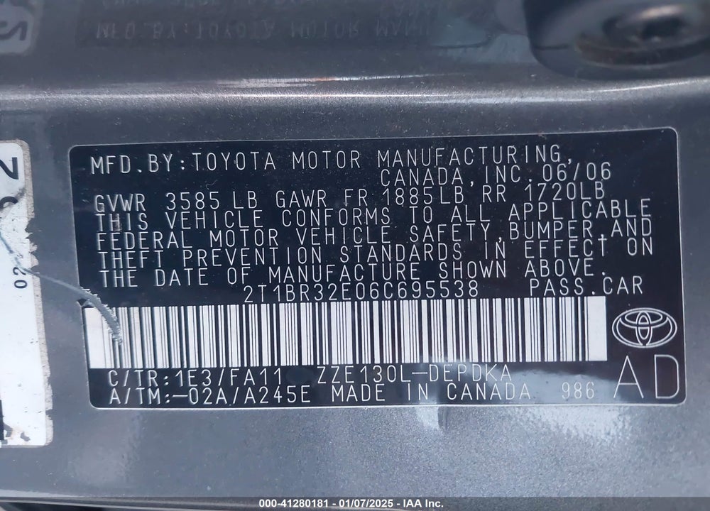 2006 TOYOTA COROLLA CE VIN: 2T1BR32E06C695538