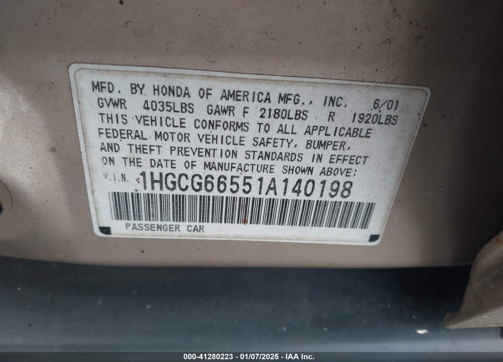 2001 HONDA ACCORD 2.3 LX VIN: 1HGCG66551A140198