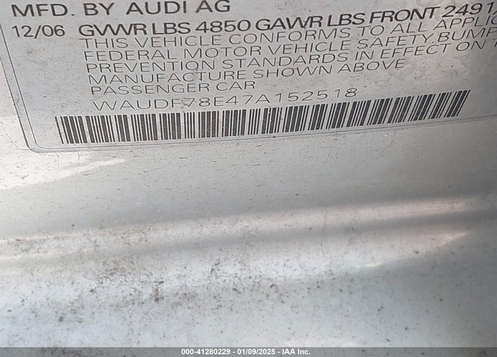2007 AUDI A4 VIN: WAUDF78E47A152518