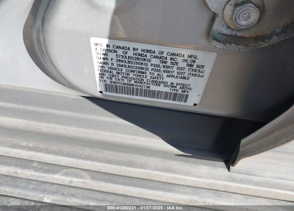 2006 ACURA MDX VIN: 2HNYD18896H542736