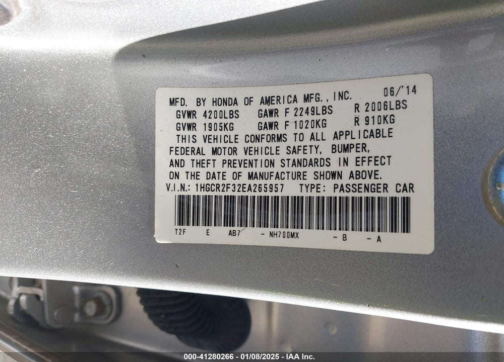 2014 HONDA ACCORD LX VIN: 1HGCR2F32EA265957