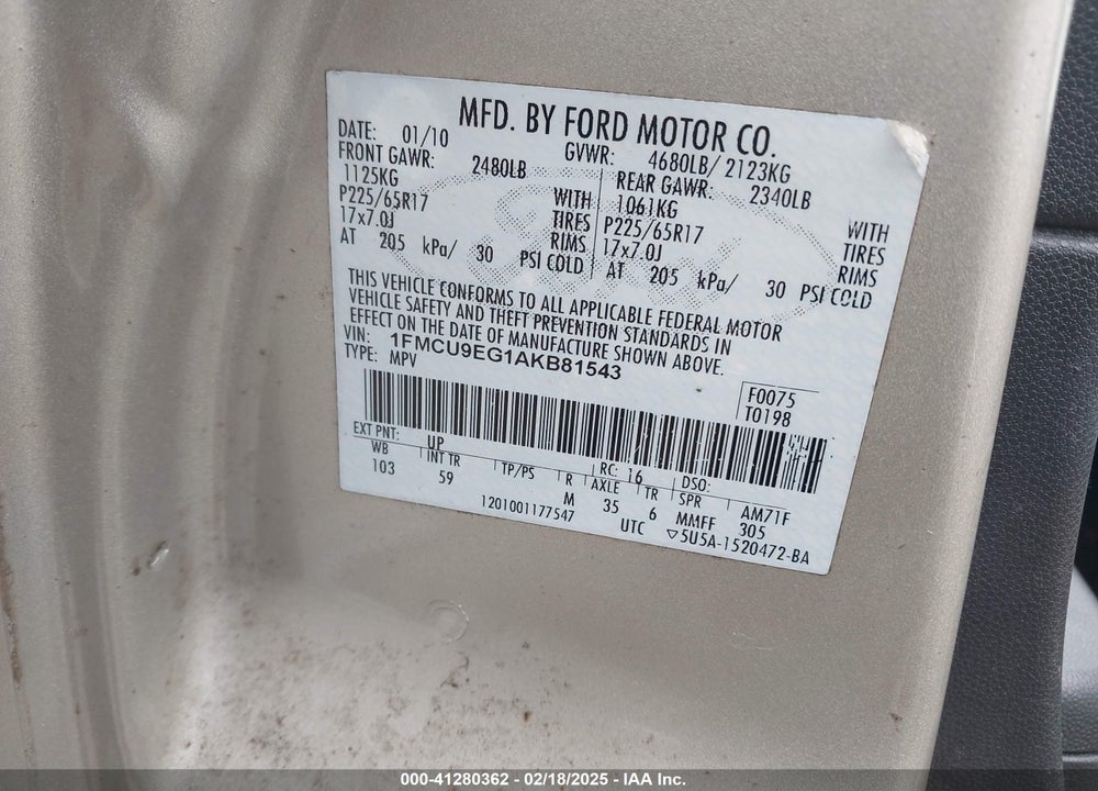 2010 FORD ESCAPE LIMITED VIN: 1FMCU9EG1AKB81543