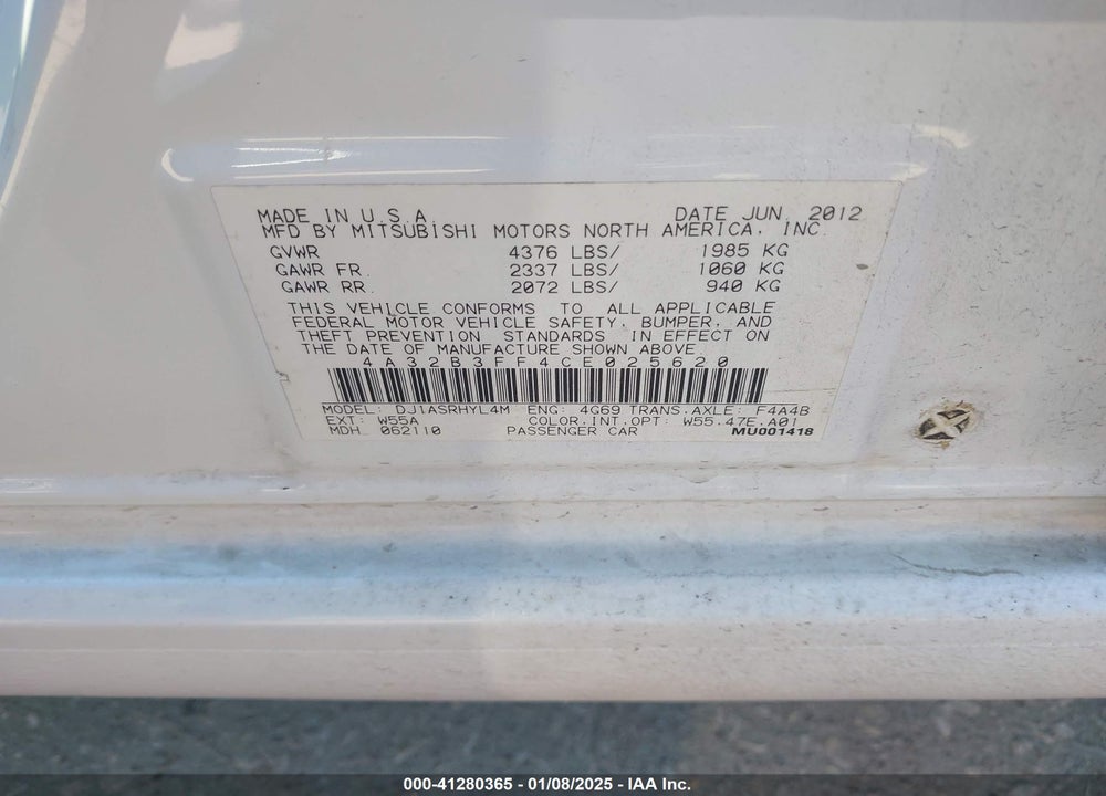 2012 MITSUBISHI GALANT VIN: 4A32B3FF4CE025620