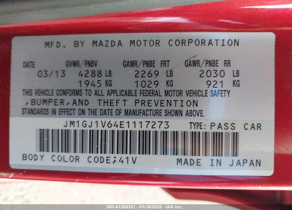 2014 MAZDA MAZDA6 VIN: JM1GJ1V64E1117273