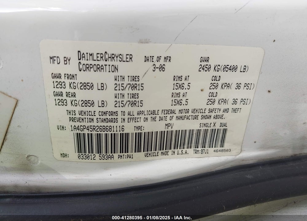 2006 CHRYSLER TOWN & COUNTRY VIN: 1A4GP45R26B681116