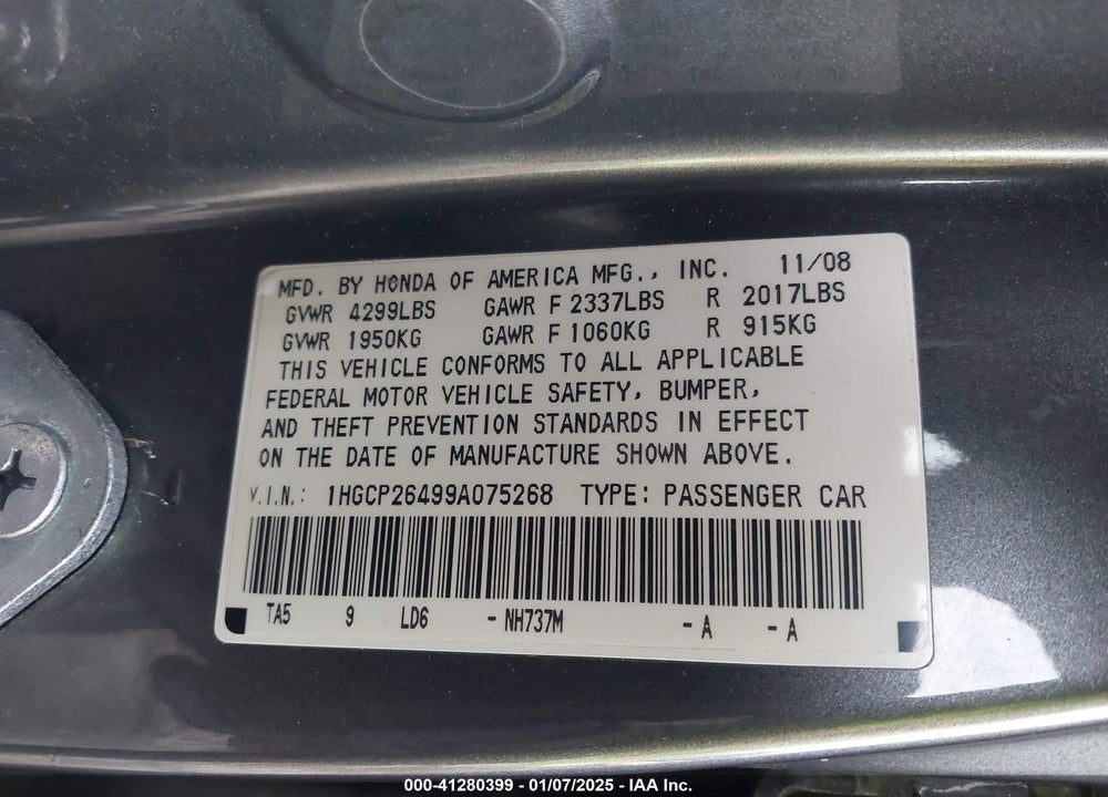 2009 HONDA ACCORD 2.4 LX-P VIN: 1HGCP26499A075268