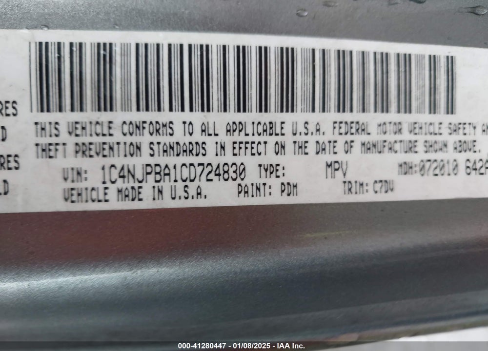 2012 JEEP PATRIOT SPORT VIN: 1C4NJPBA1CD724830