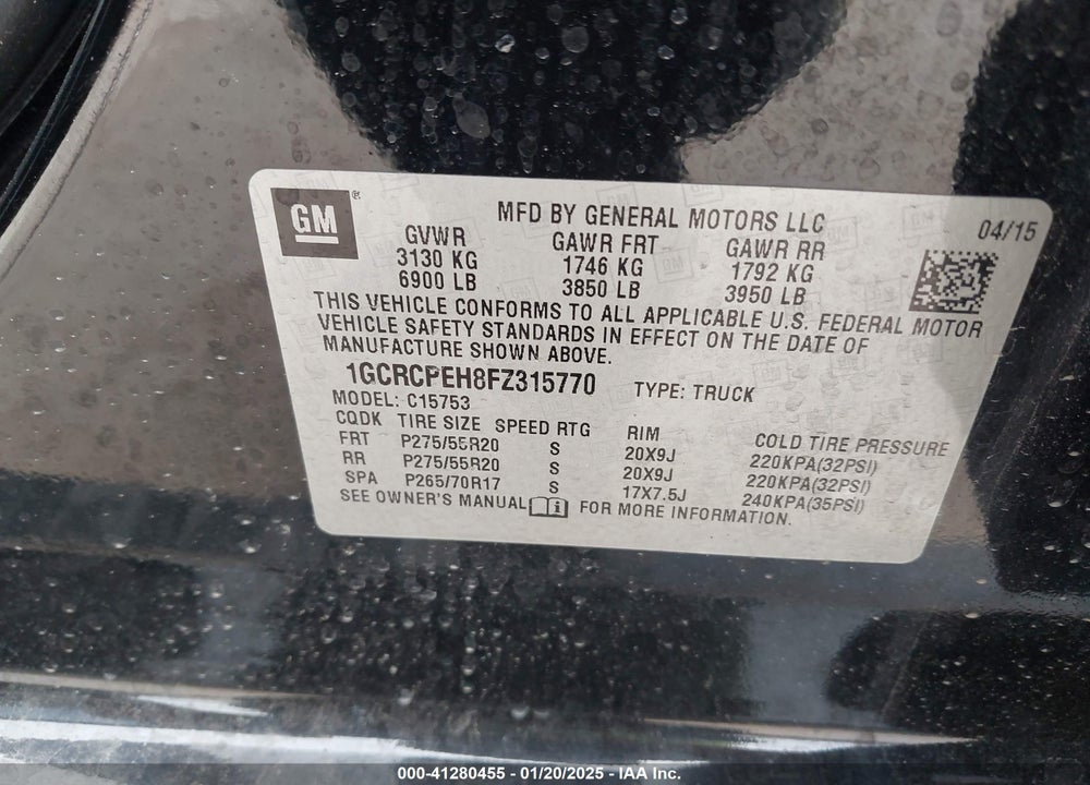 2015 CHEVROLET SILVERADO 1500 WT VIN: 1GCRCPEH8FZ315770