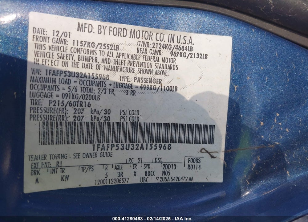 2002 FORD TAURUS SE VIN: 1FAFP53U32A155968
