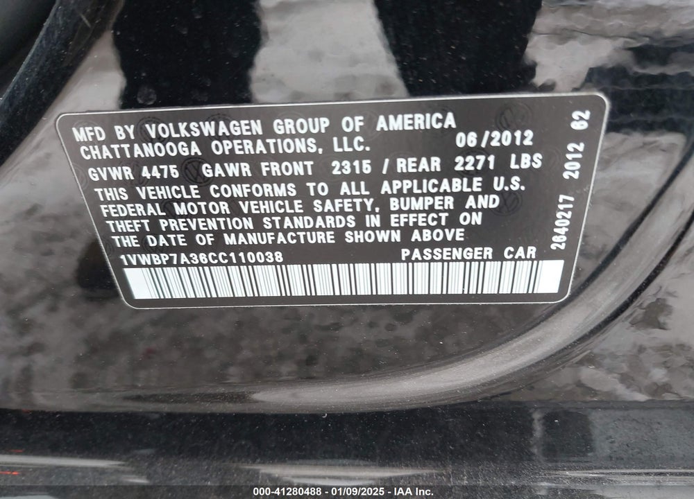 2012 VOLKSWAGEN PASSAT 2.5L SE VIN: 1VWBP7A36CC110038