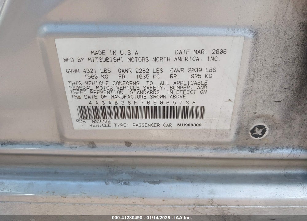 2006 MITSUBISHI GALANT VIN: 4A3AB36F76E065738