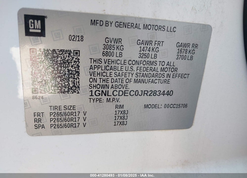 2018 CHEVROLET TAHOE VIN: 1GNLCDEC0JR283440