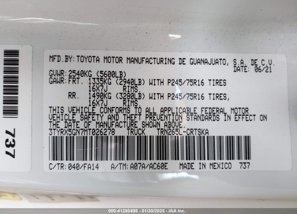 2021 TOYOTA TACOMA VIN: 3TYRX5GN7MT026278