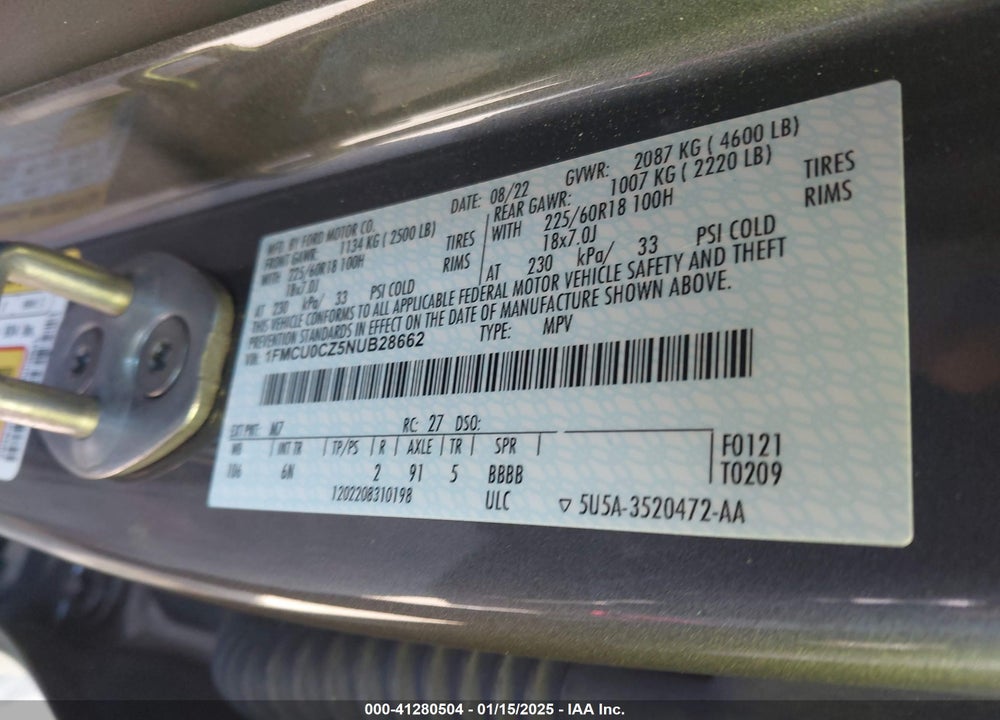 2022 FORD ESCAPE SEL HYBRID VIN: 1FMCU0CZ5NUB28662