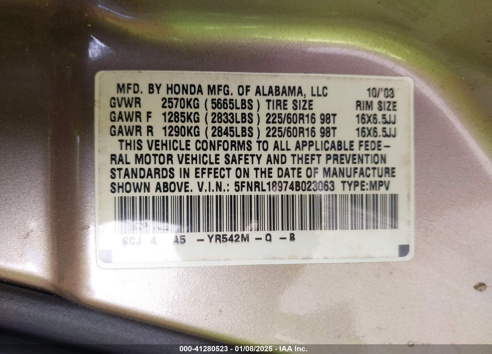2004 HONDA ODYSSEY EX-L VIN: 5FNRL18974B023063
