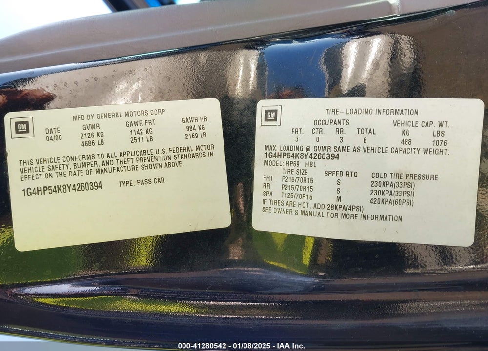 2000 BUICK LESABRE CUSTOM VIN: 1G4HP54K8Y4260394