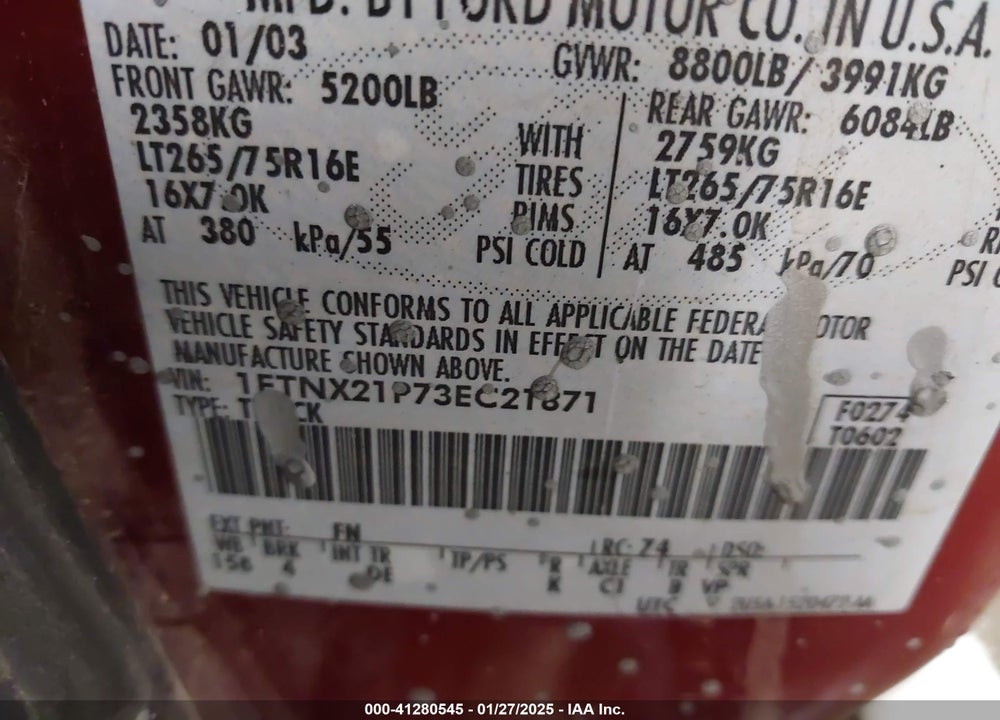 2003 FORD F-250 LARIAT/XL/XLT VIN: 1FTNX21P73EC21871