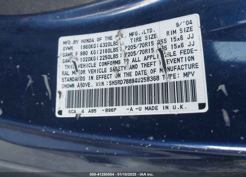 2004 HONDA CR-V EX VIN: SHSRD78894U258368