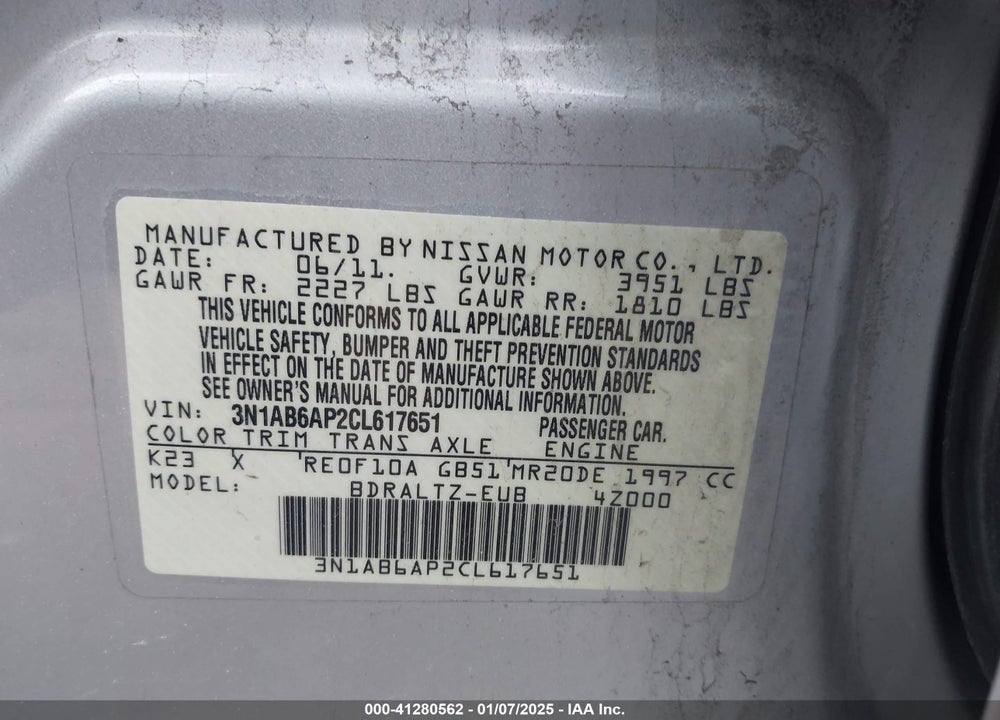 2012 NISSAN SENTRA VIN: 3N1AB6AP2CL617651