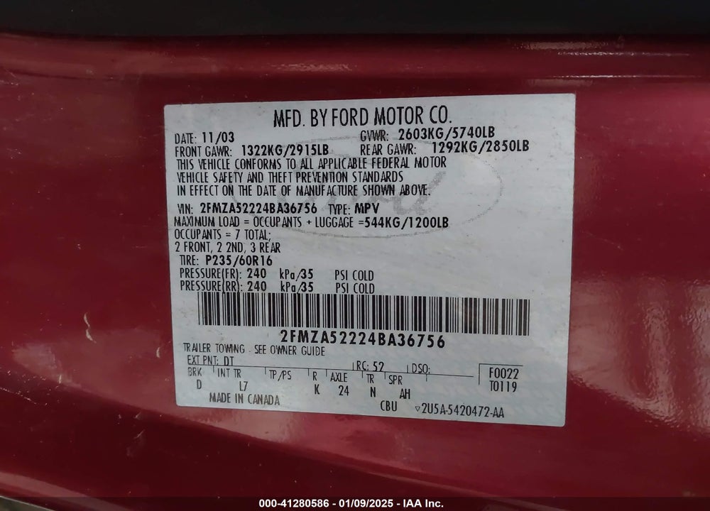 2004 FORD FREESTAR SEL VIN: 2FMZA52224BA36756