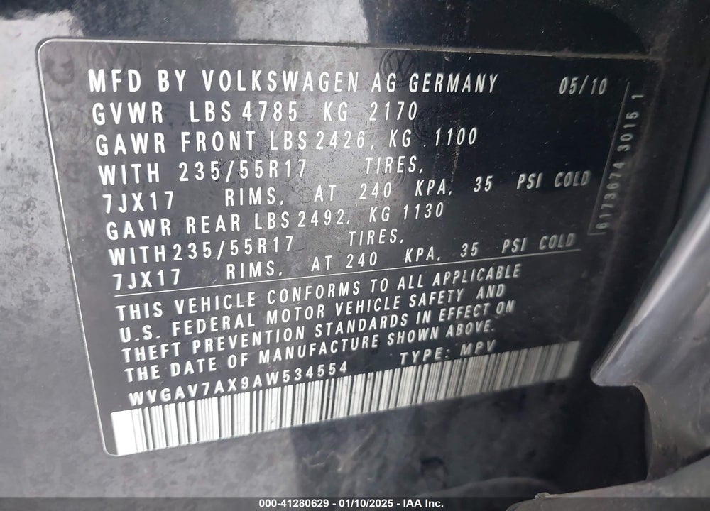 2010 VOLKSWAGEN TIGUAN VIN: WVGAV7AX9AW534554