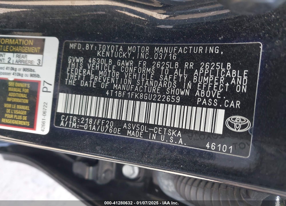 2016 TOYOTA CAMRY VIN: 4T1BF1FK8GU222659