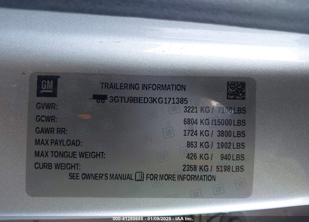 2019 GMC SIERRA VIN: 3GTU9BED3KG171385