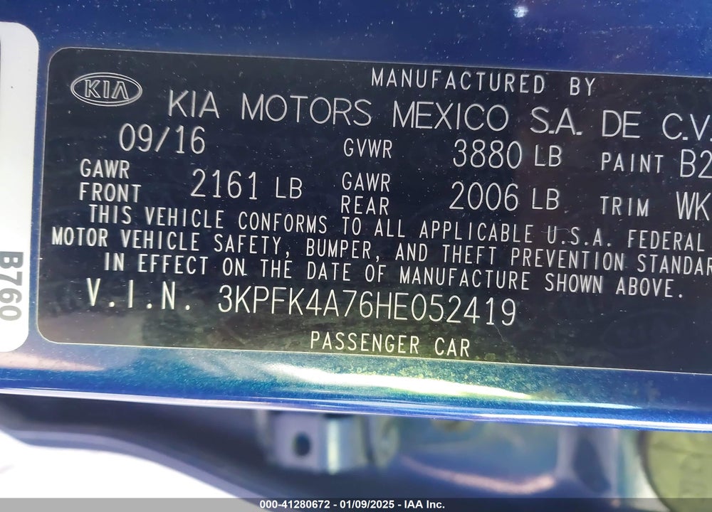 2017 KIA FORTE VIN: 3KPFK4A76HE052419