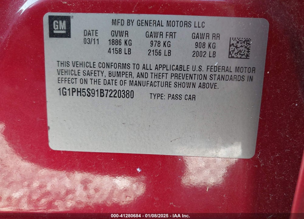 2011 CHEVROLET CRUZE VIN: 1G1PH5S91B7220380