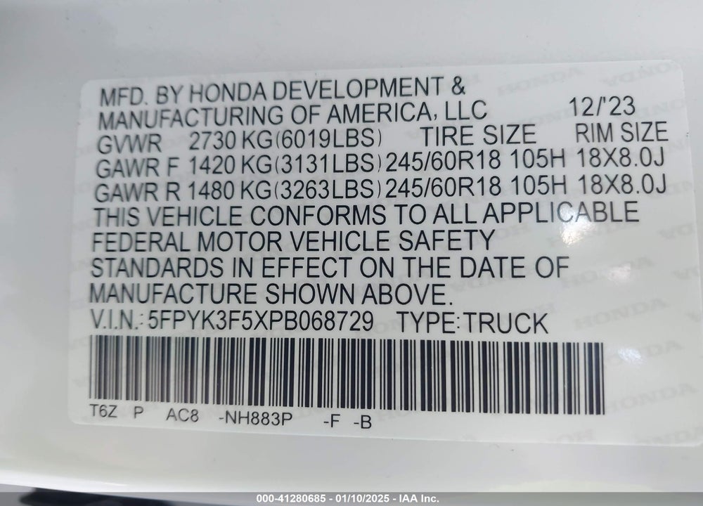 2023 HONDA RIDGELINE VIN: 5FPYK3F5XPB068729