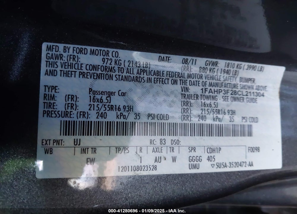 2012 FORD FOCUS VIN: 1FAHP3F28CL211304