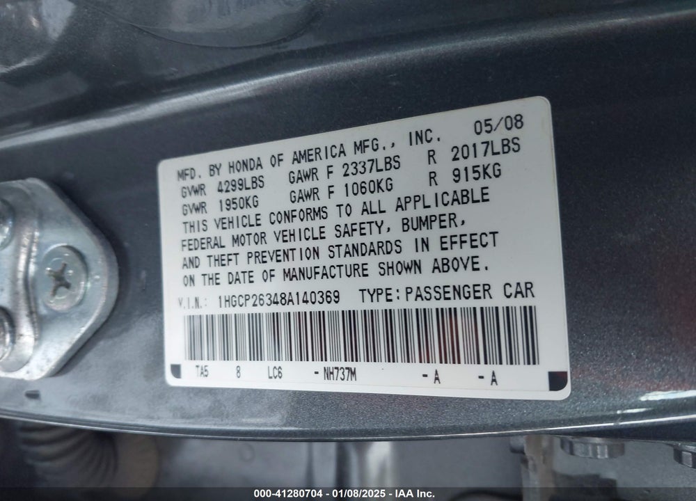 2008 HONDA ACCORD 2.4 LX VIN: 1HGCP26348A140369