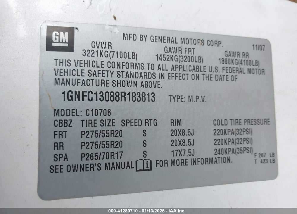2008 CHEVROLET TAHOE LTZ VIN: 1GNFC13088R183813
